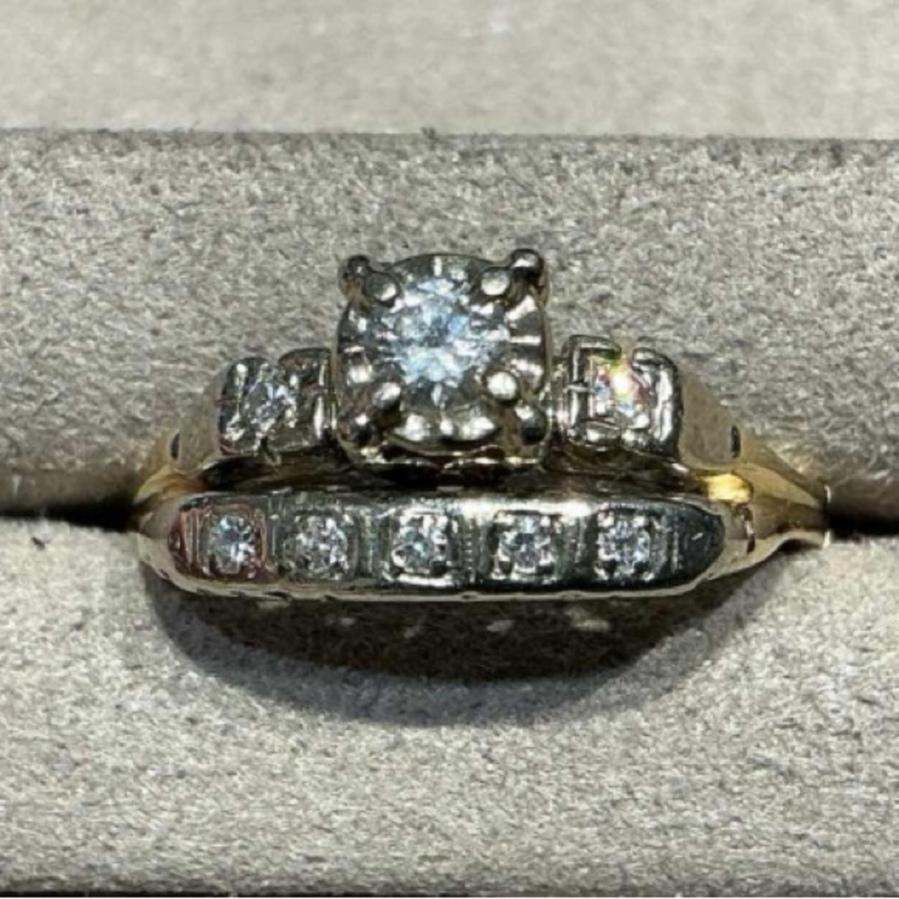 Vintage 14K Two-Tone Diamond Wedding Ring Set